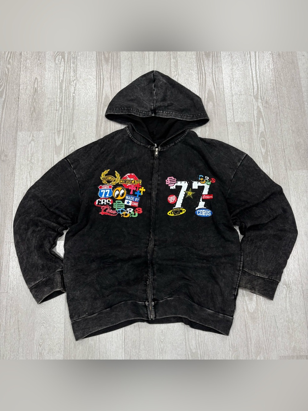 Coruscate Black Acid Wash Graphic Full-Zip Hoodie Size Medium